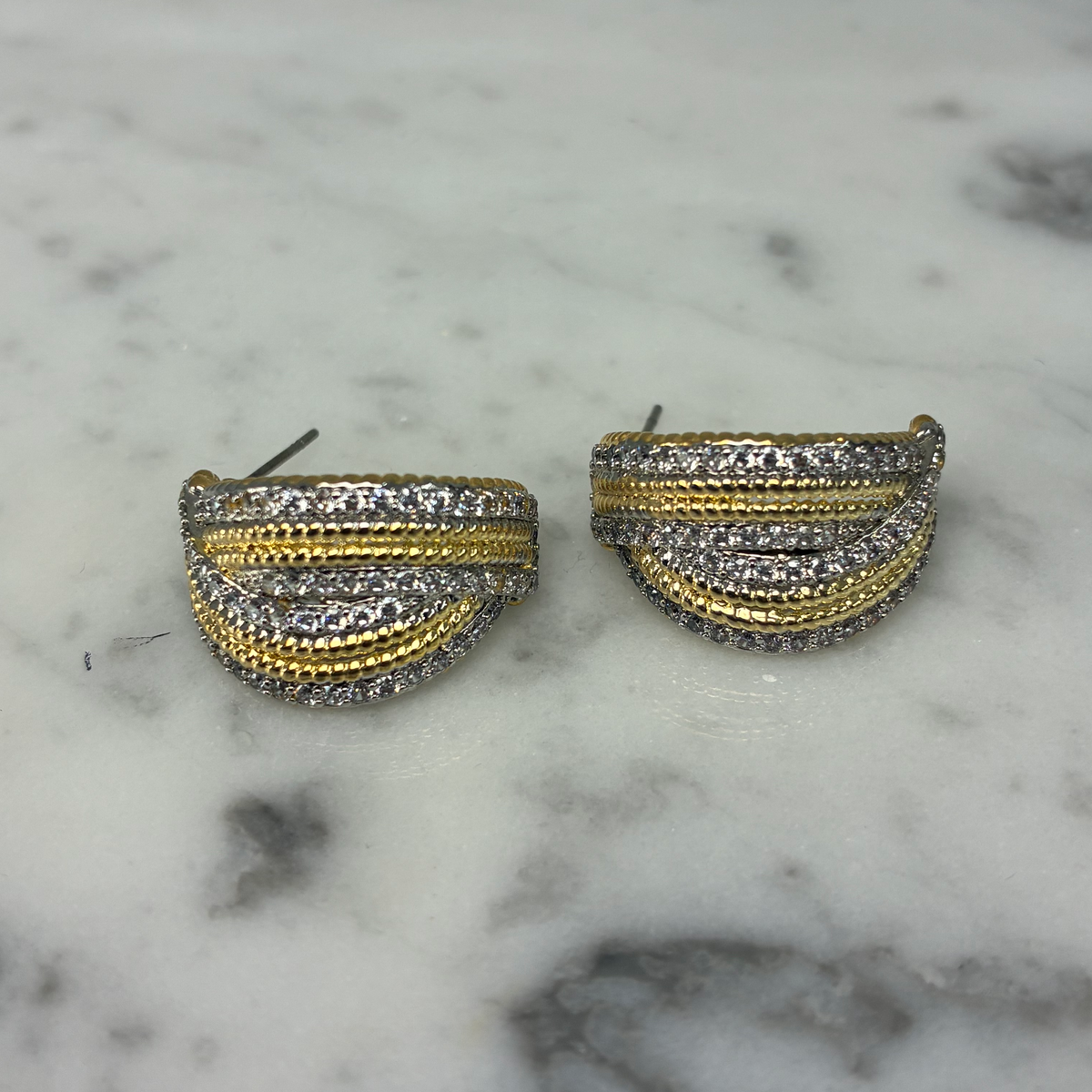 Two Tone Wide Half Hoop w/CZs Earrings