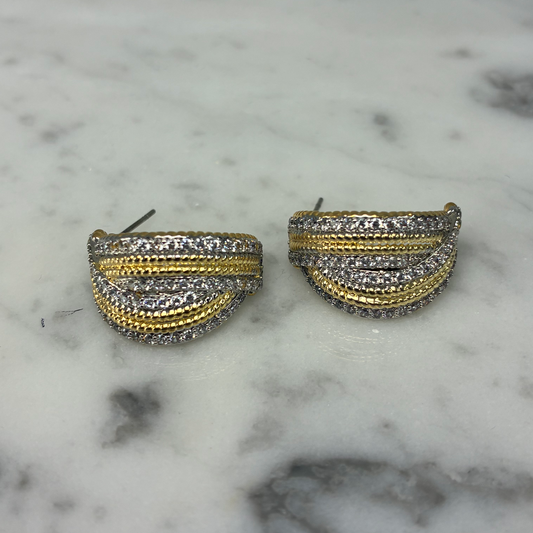 Two Tone Wide Half Hoop w/CZs Earrings