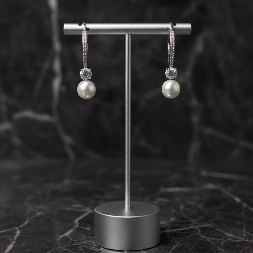 Silver Pearl CZ Drop Earring
