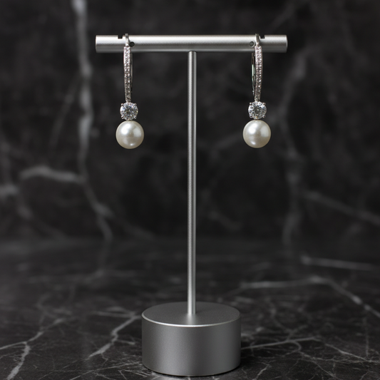 Silver Pearl CZ Drop Earring