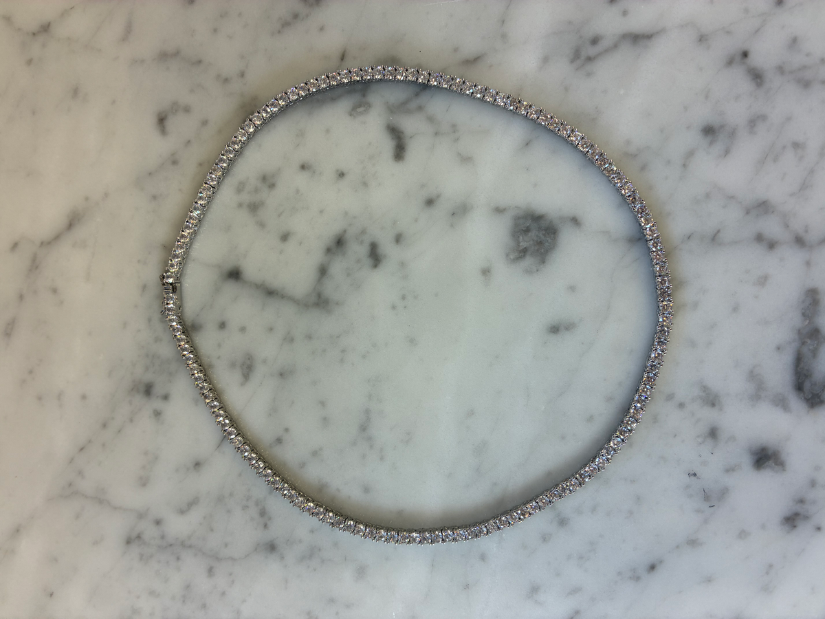 Lorena CZ tennis necklace, 16-inch length, sparkling cubic zirconia stones set in a sleek jewelry style.