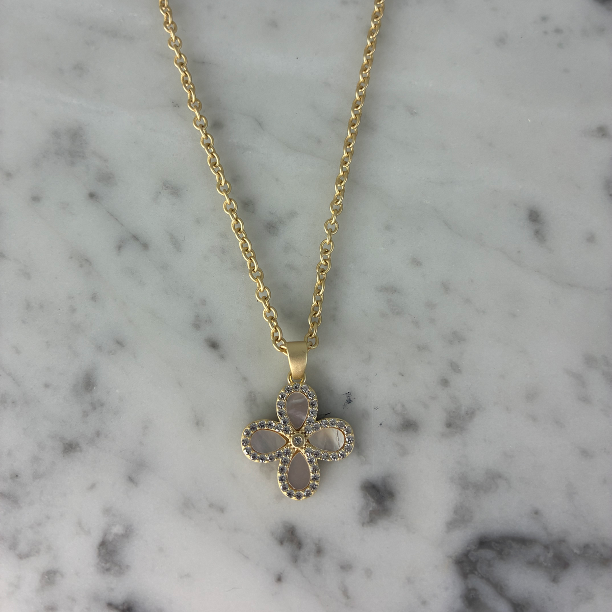 Gold Necklace w/ MOP & CZ Flower