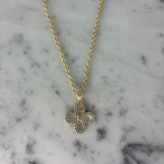 Gold Necklace w/ MOP & CZ Flower