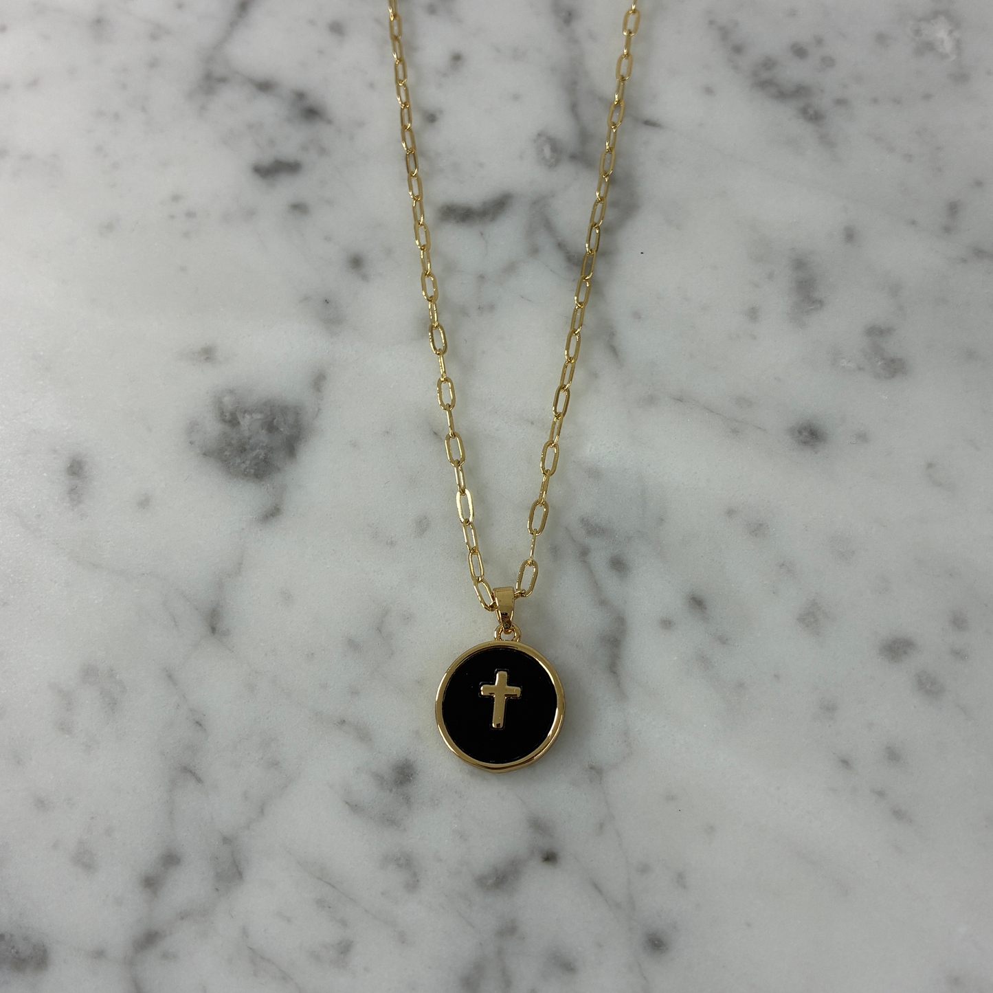 Gold Chain Necklace Coin w/ Cross - 16"