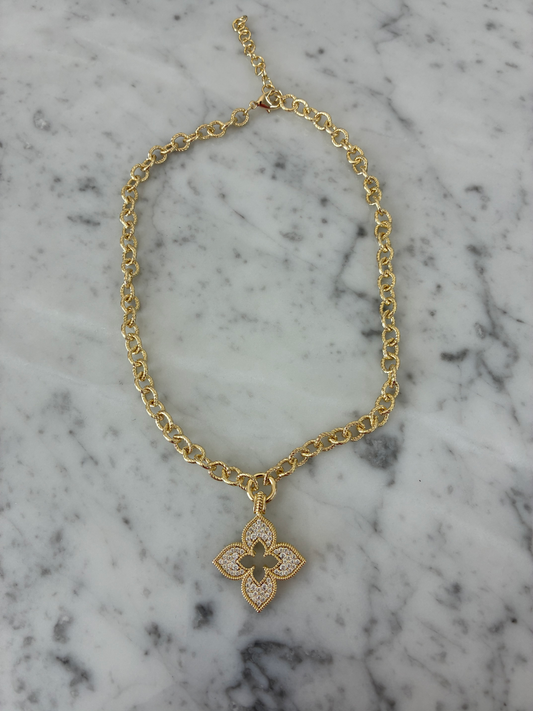 Gold CZ Flower Necklace - 17"