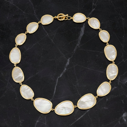 Gold matte MOP scale necklace by Joseph Anthony Inc. featuring a sleek 18-inch design with shimmering mother-of-pearl scales.