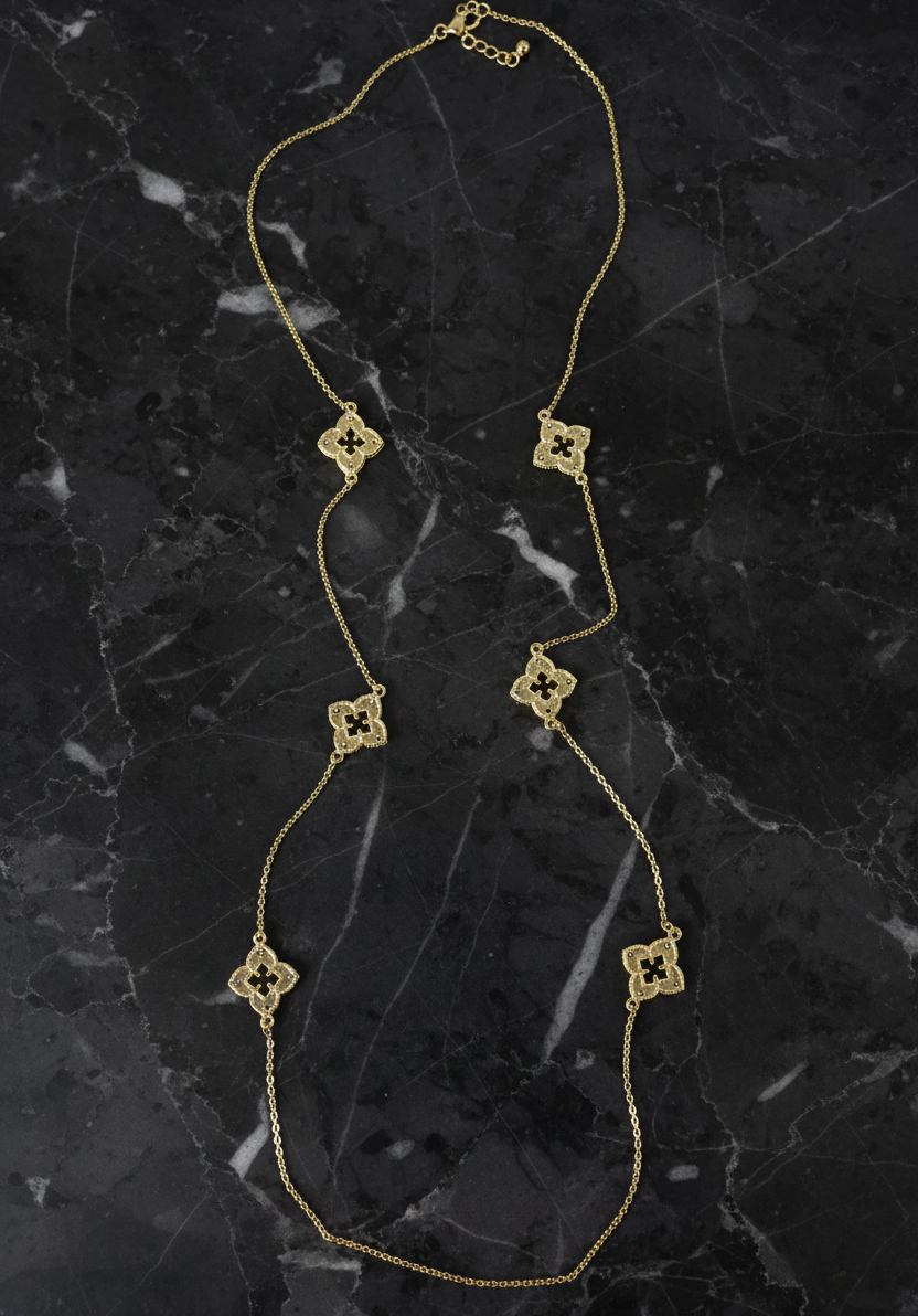Gold CZ Flower Station Necklace - 36"