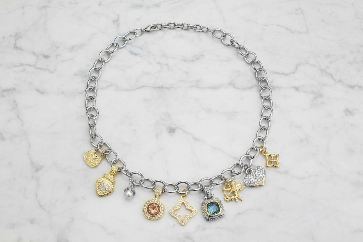 Charm Necklace w/ Color Stones Necklace - 18"