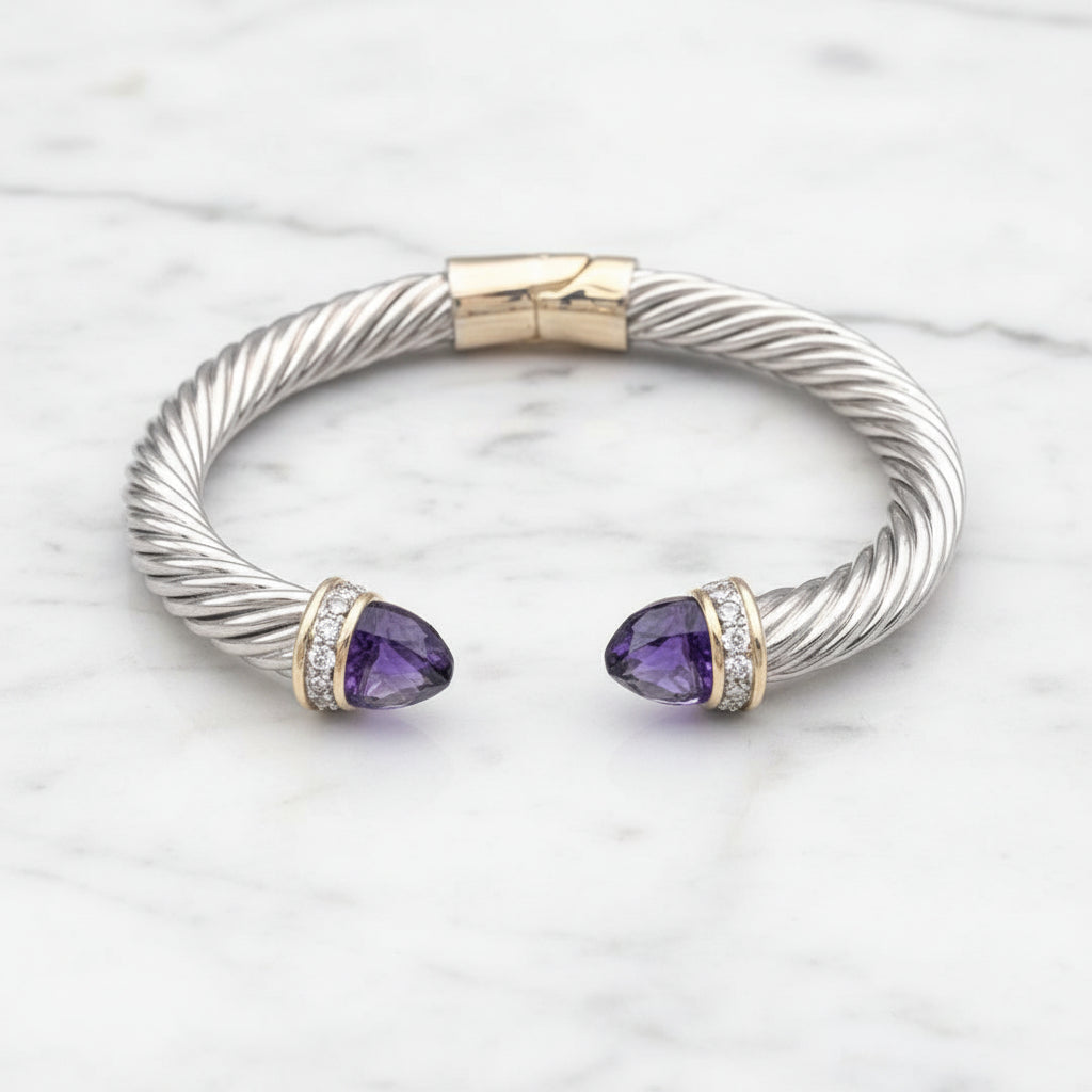 Two Tone Cable Bracelet w/ Stone End