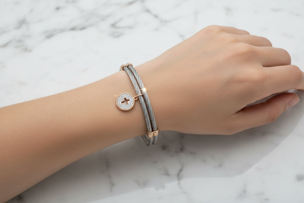 Two Tone Cable Bracelet w/ Pave Charm