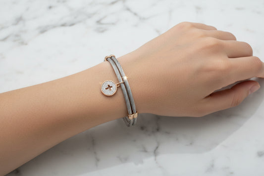Two Tone Cable Bracelet w/ Pave Charm