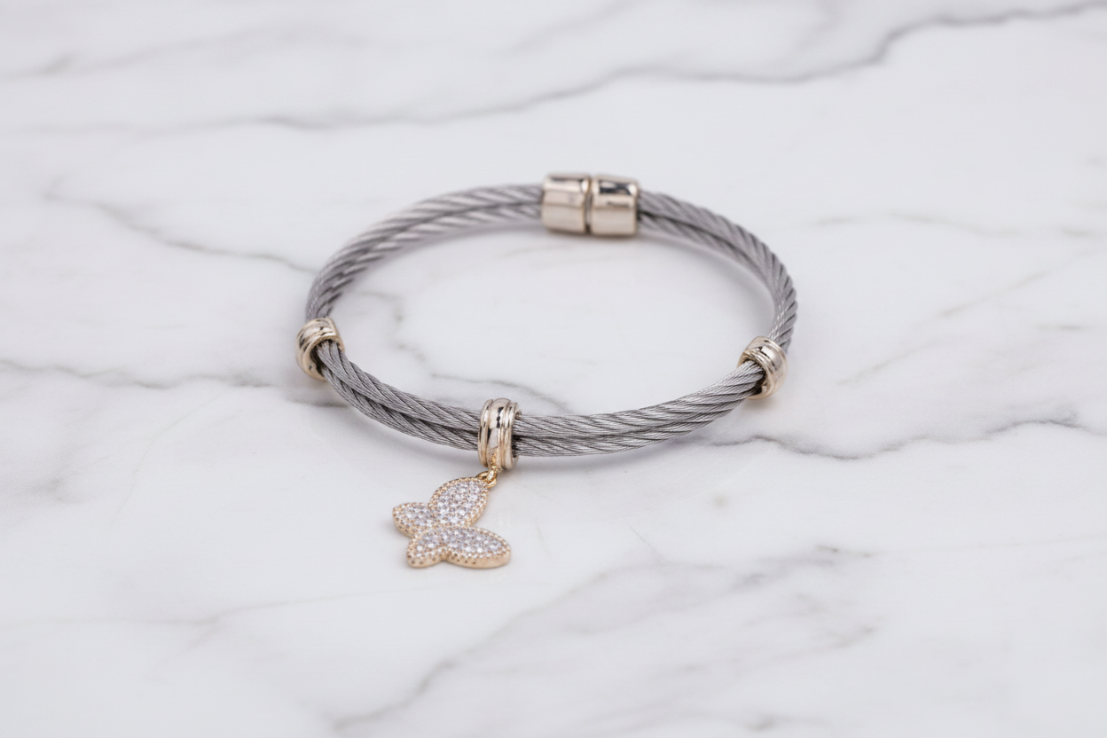 Two Tone Cable Bracelet w/ Pave Charm