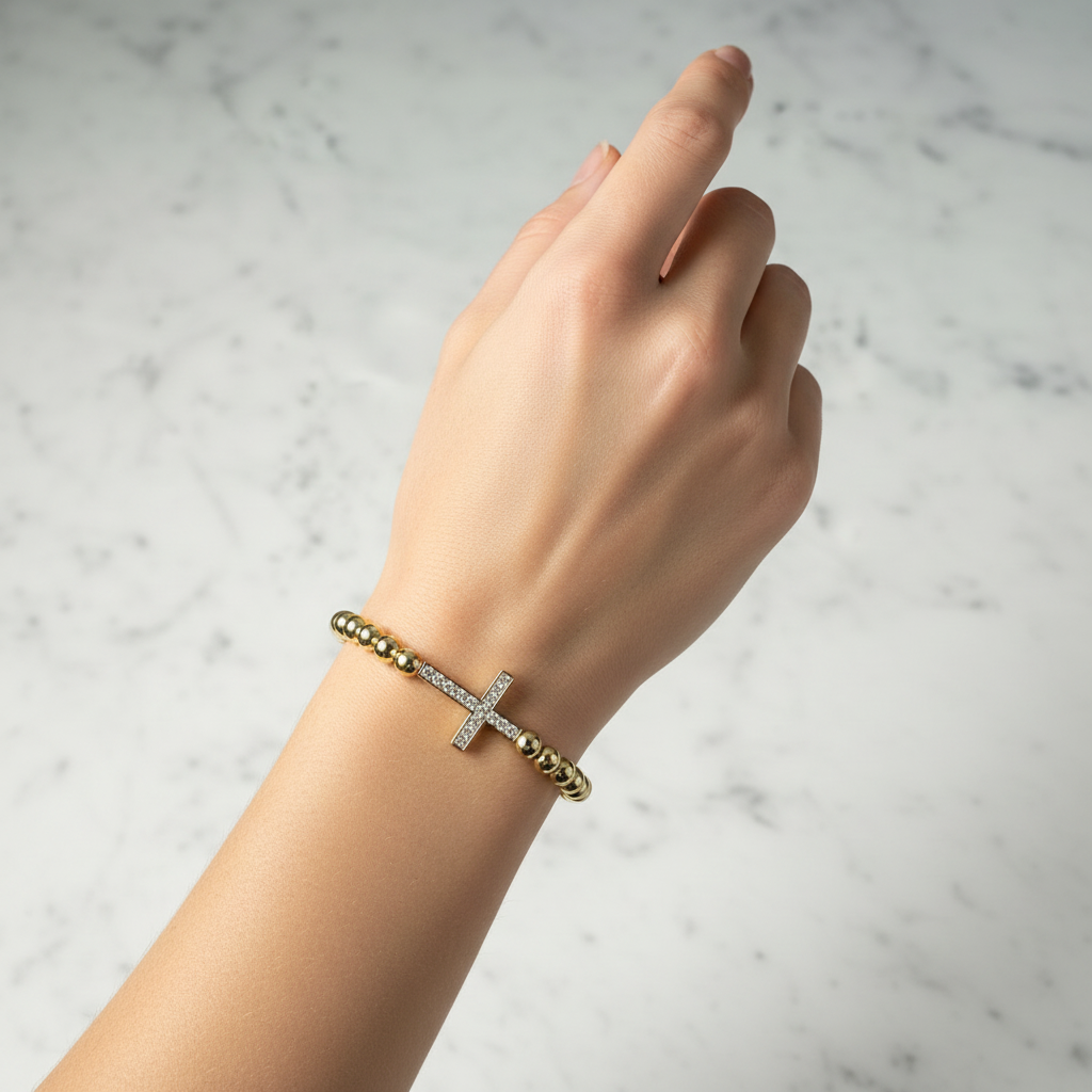 Gold Beaded Bracelet w/ CZ Cross