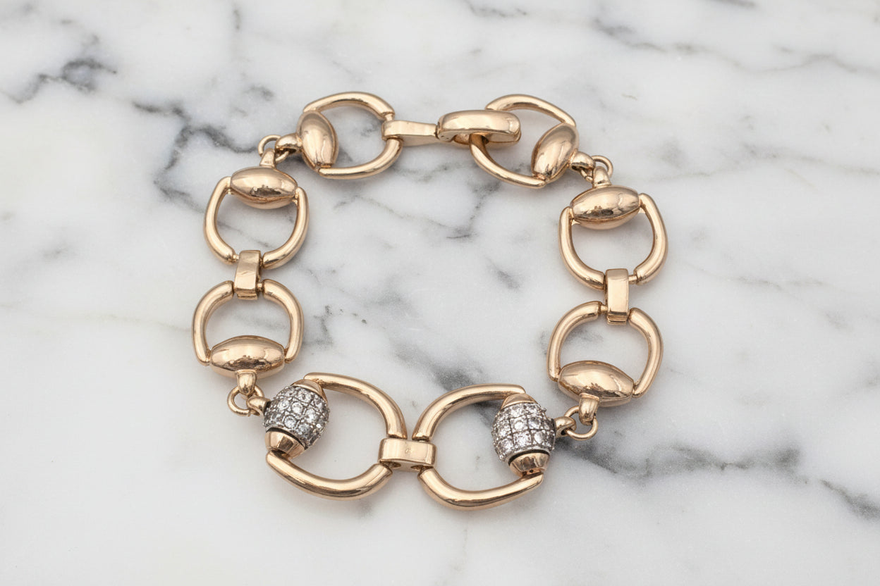 Gold Horseshoe Link Bracelet w/ Pave Barrel