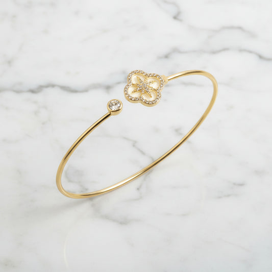 Gold and Mother of Pearl CZ clover tiny bracelet by Lorena featuring delicate charm design and adjustable chain.