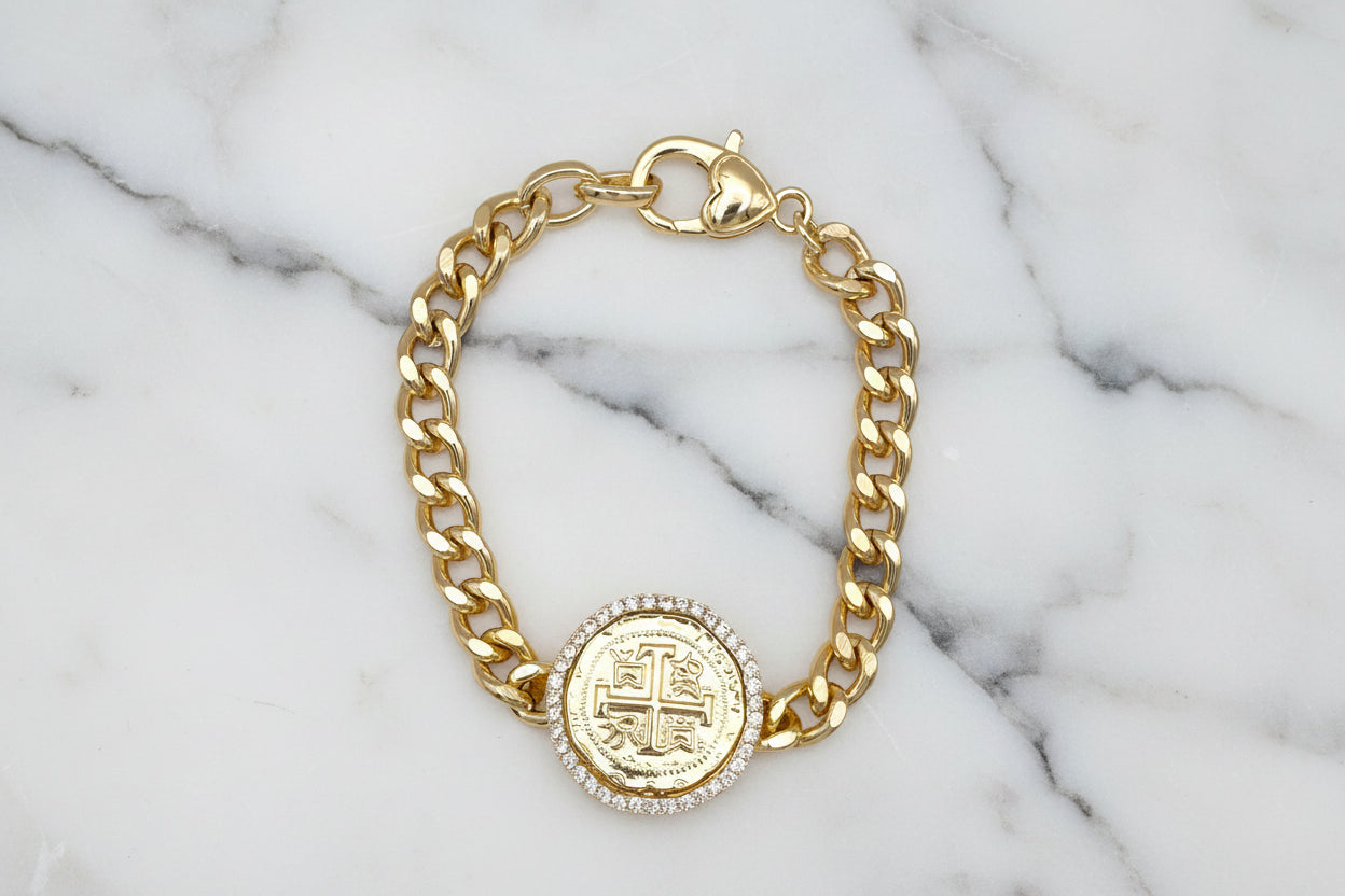 Heavy Gold Link Bracelet w/ Gold Coin
