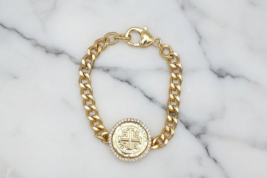 Heavy Gold Link Bracelet w/ Gold Coin