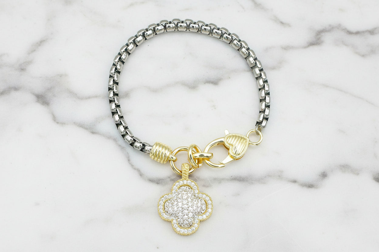 Silver Chain Bracelet w/ Gold Pave Clover