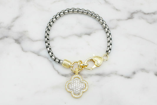 Silver Chain Bracelet w/ Gold Pave Clover