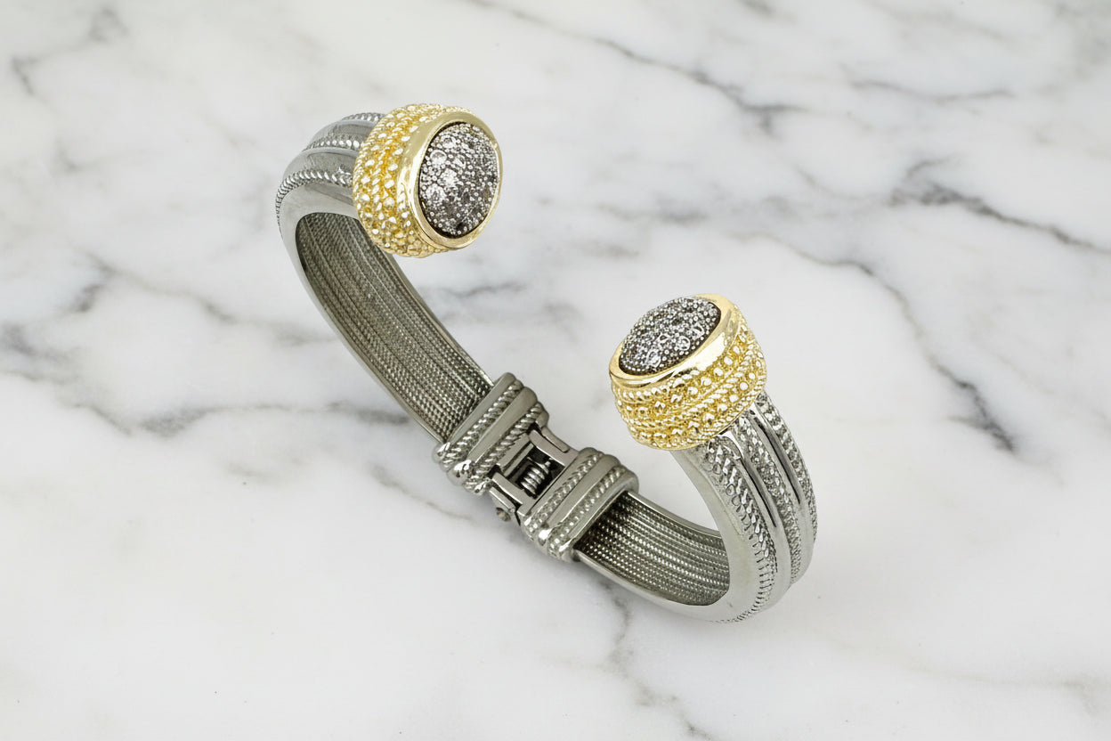 Silver Hinged Bracelet w/ Gold & Pave Tips