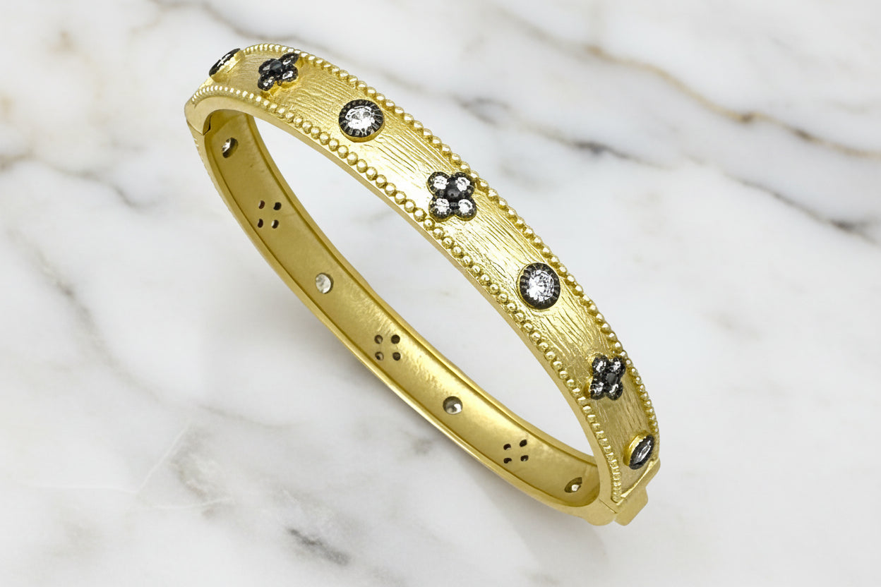 Thin Gold Bracelet w/ Hematite & CZ Decoration
