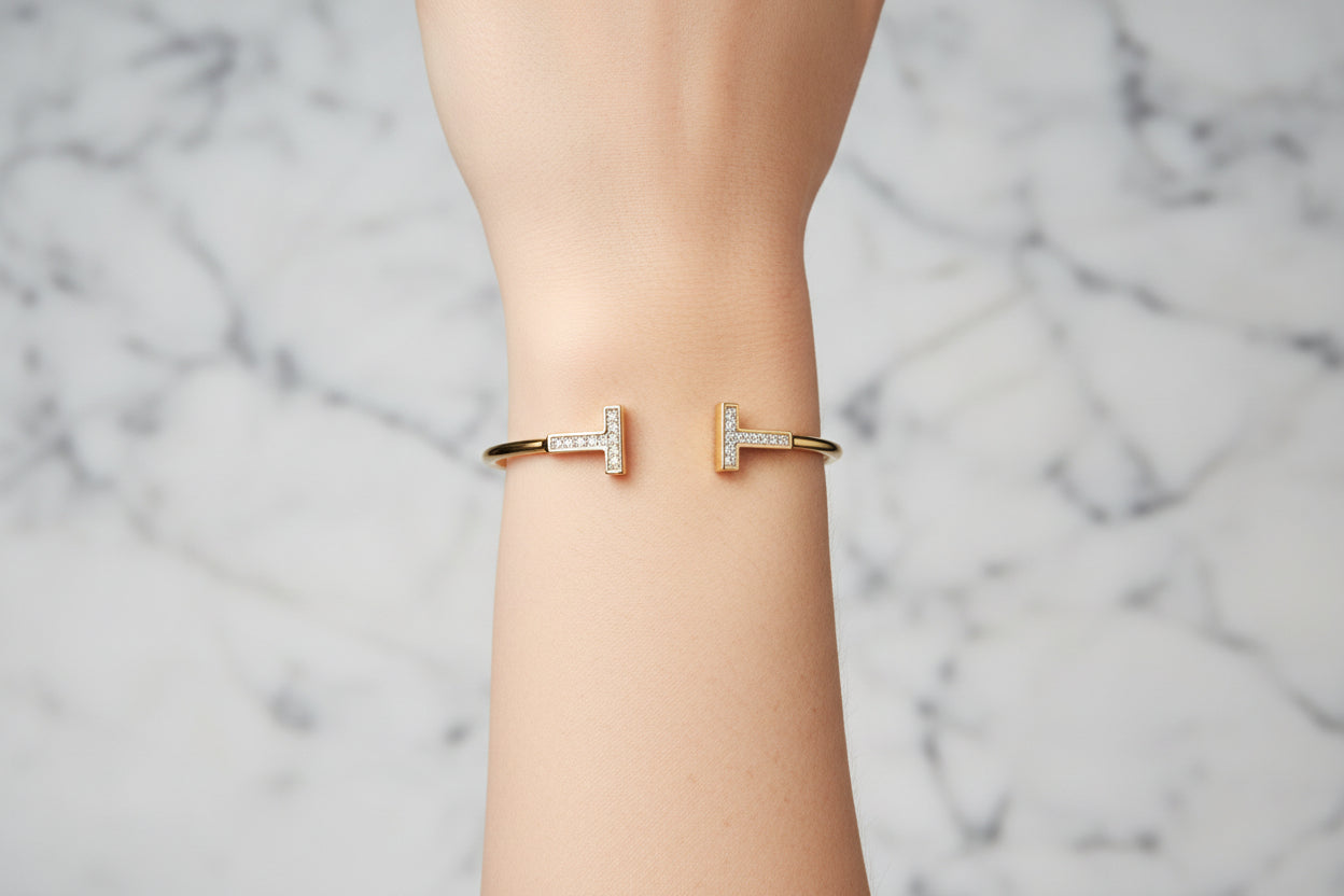 Tiny Gold Pave T Bracelet