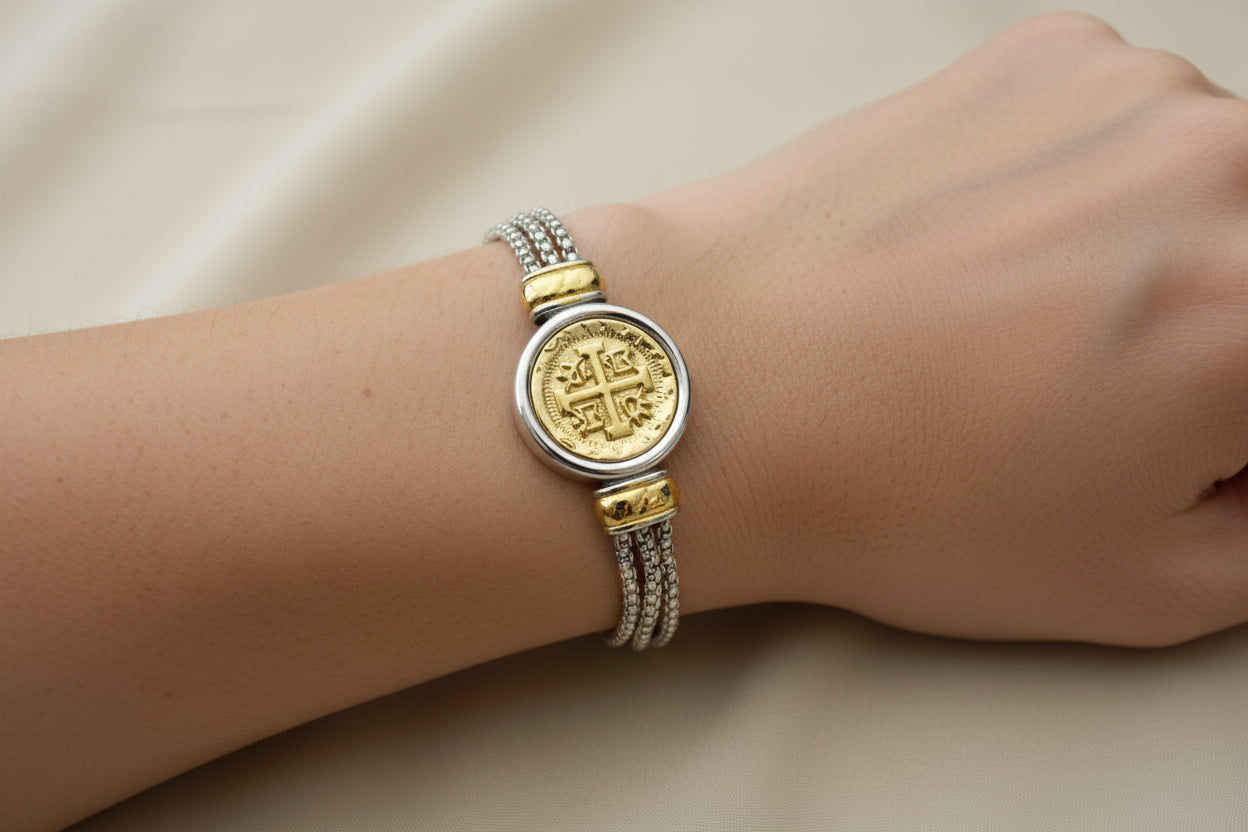 Two Tone 3-Row Chain Coin Bracelet