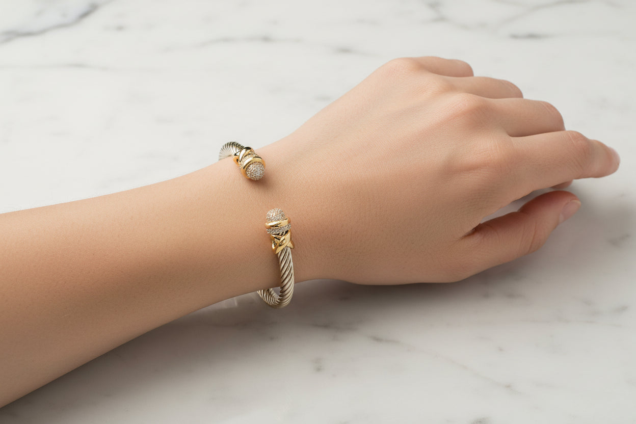 Two Tone Cable Bracelet w/ Pave Tip