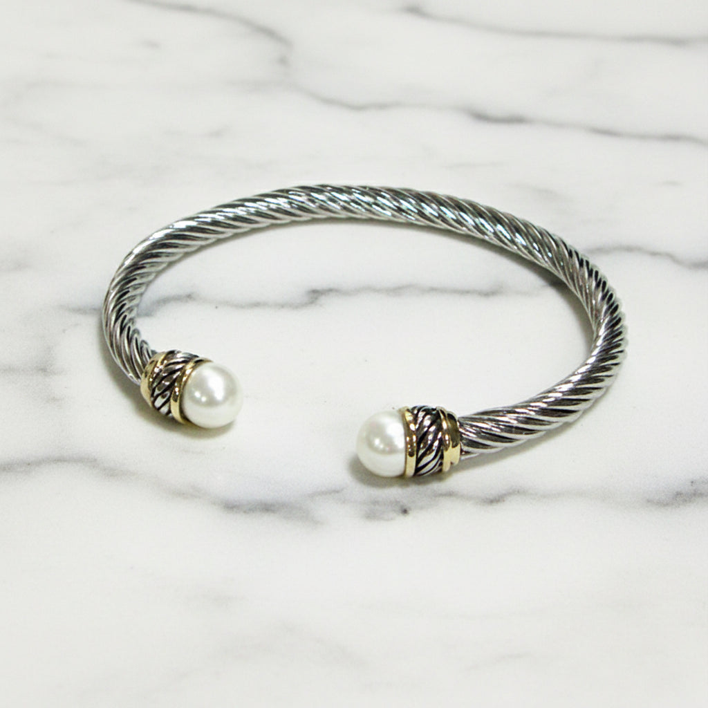 Two Tone Cable Cuff w/ Pearl Ends