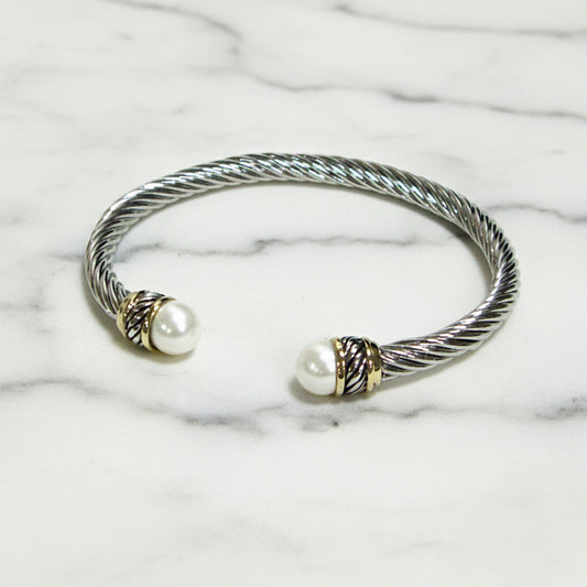 Two Tone Cable Cuff w/ Pearl Ends