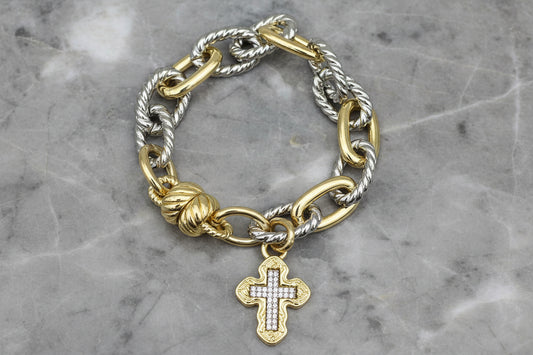 Two Tone Link Bracelet w/ Cross