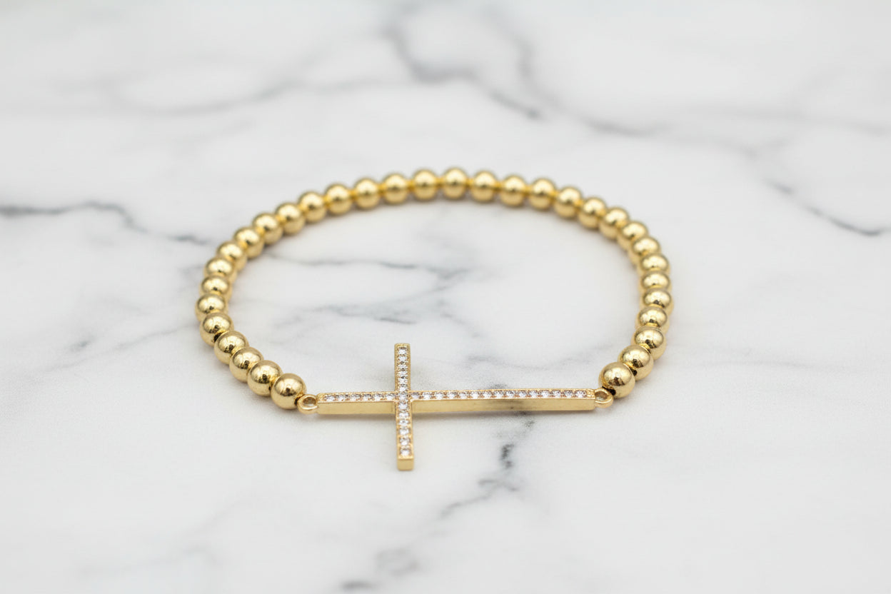 Bead Bracelet w/ Long CZ Cross