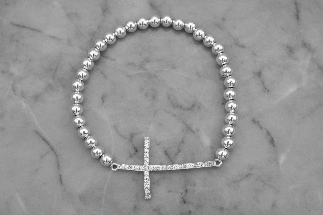 Bead Bracelet w/ Long CZ Cross