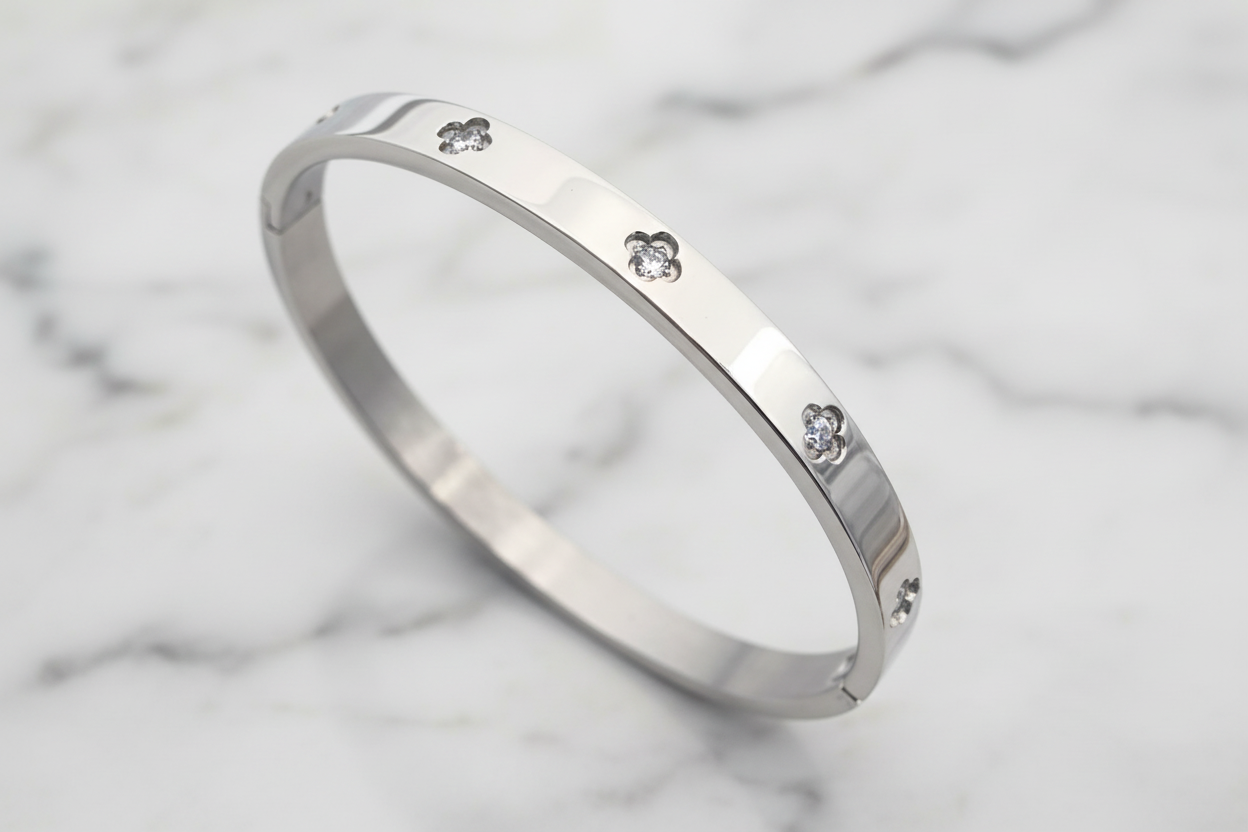 Medium Steel Bracelet w/ Mini CZ Flowers