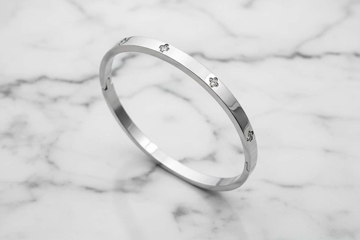 Small Steel Bracelet w/ Mini CZ Flowers