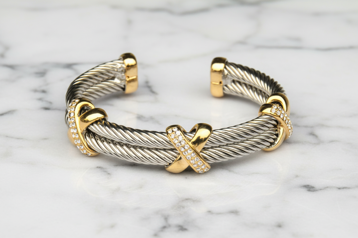 Two Tone 2-Row Cable Bracelet w/ X's
