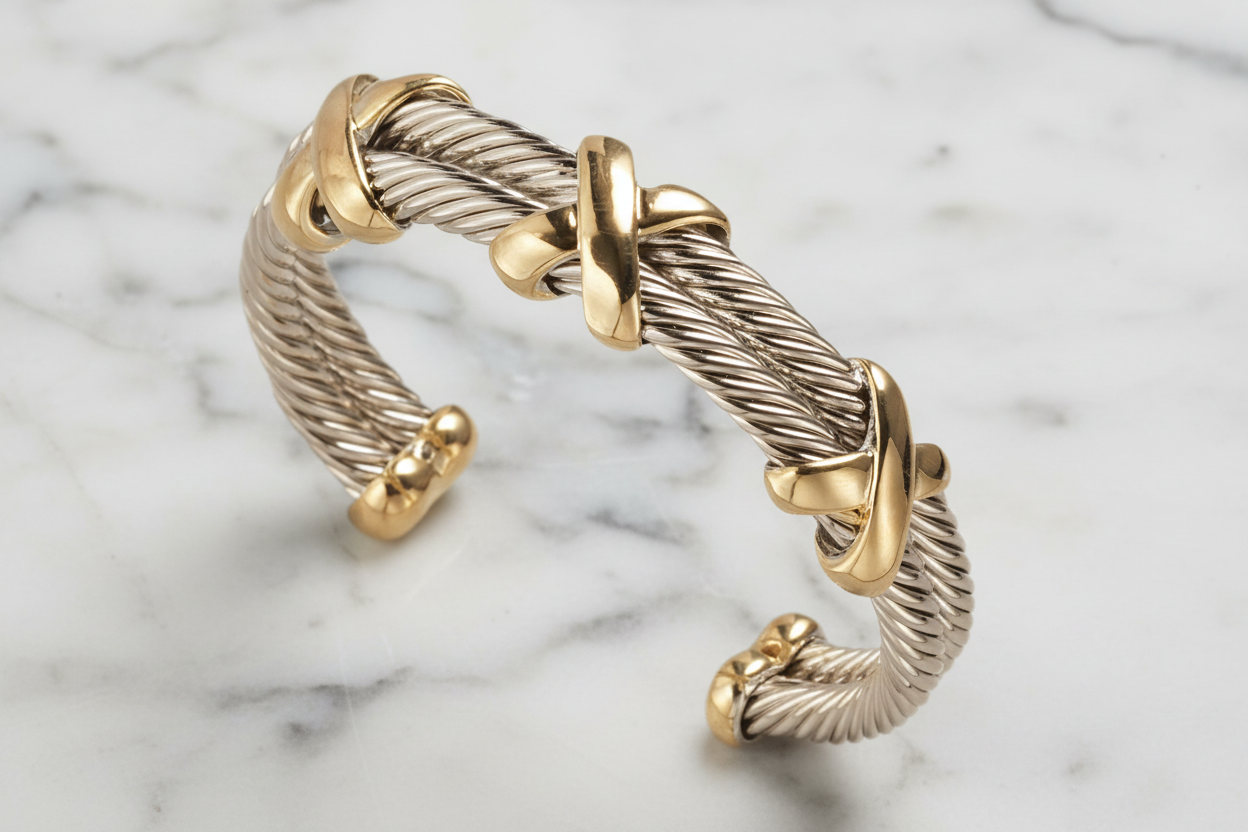 Two Tone 2-Row Cable Bracelet w/ X's