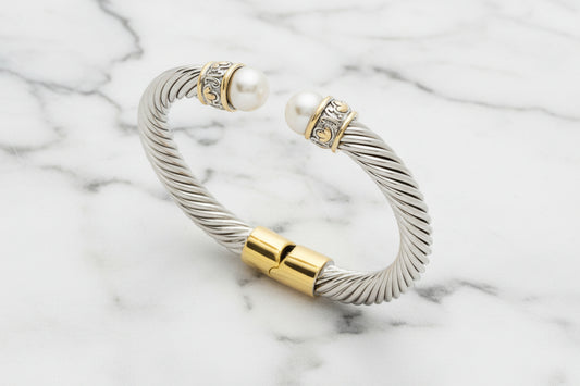 Two Tone Hinged Bracelet w/ Stone Ends