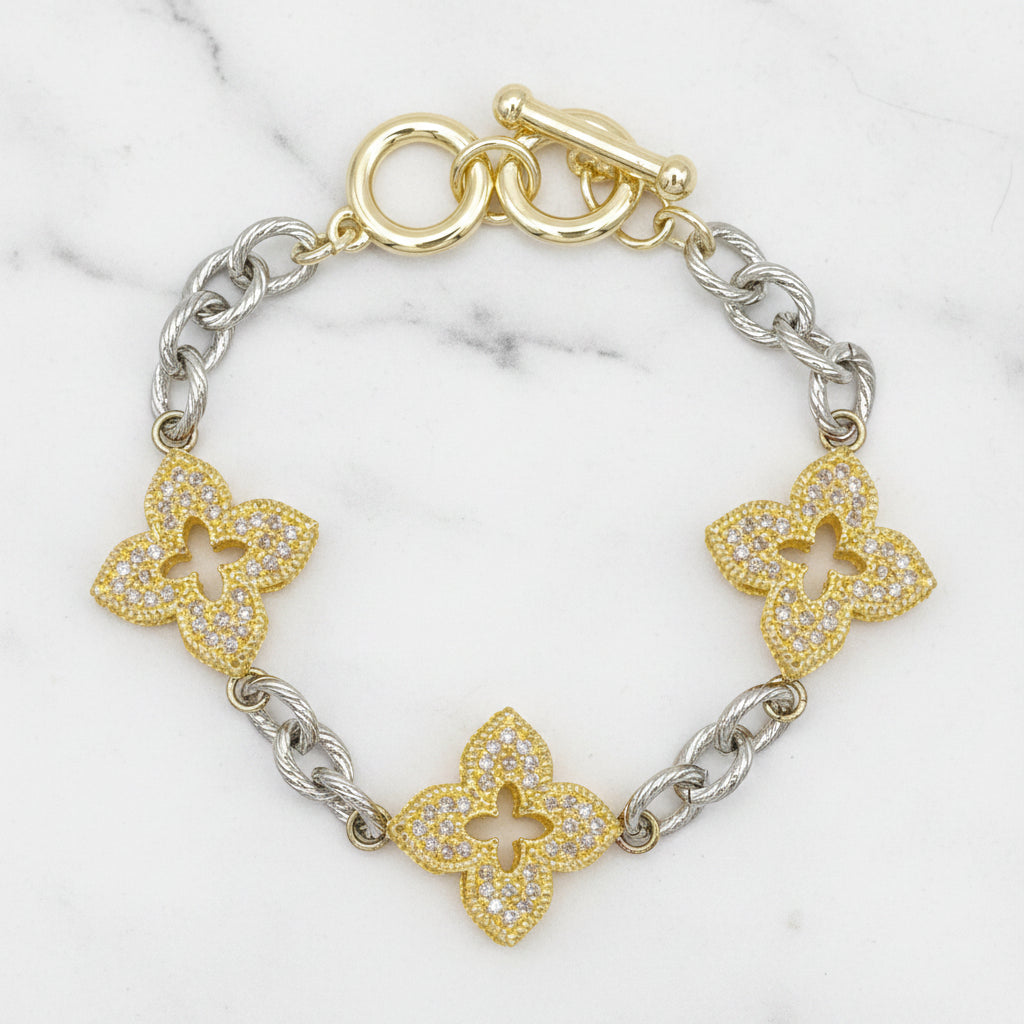 Two Tone 3-Pave Clover Chain Bracelet