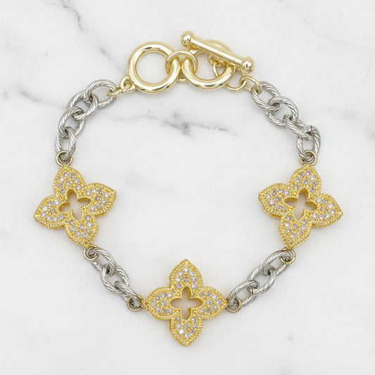 Two Tone 3-Pave Clover Chain Bracelet