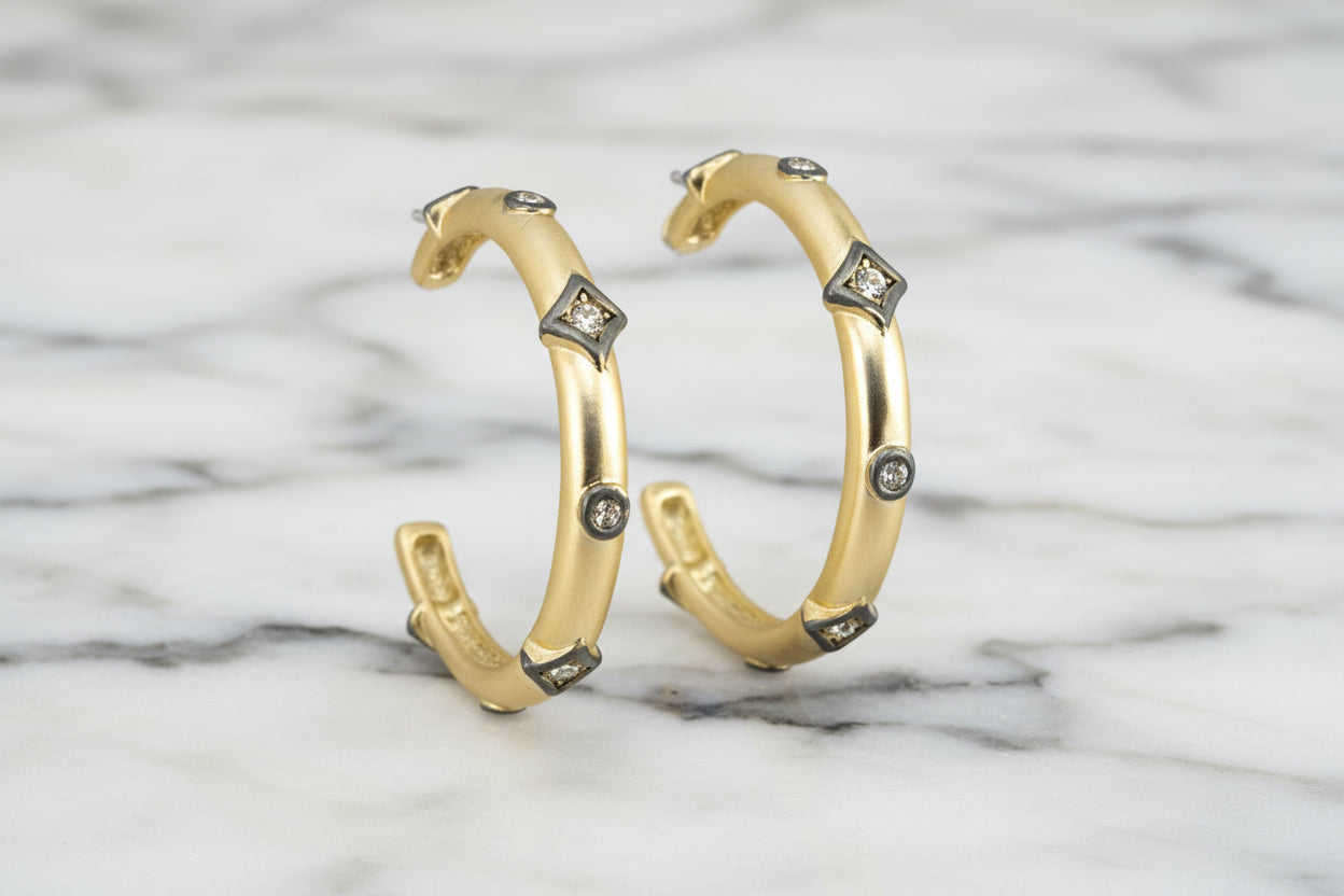 Lorena brushed gold hoop earring with hematite and cubic zirconia stones, showcasing elegant jewelry design.