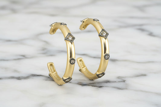Lorena brushed gold hoop earring with hematite and cubic zirconia stones, showcasing elegant jewelry design.