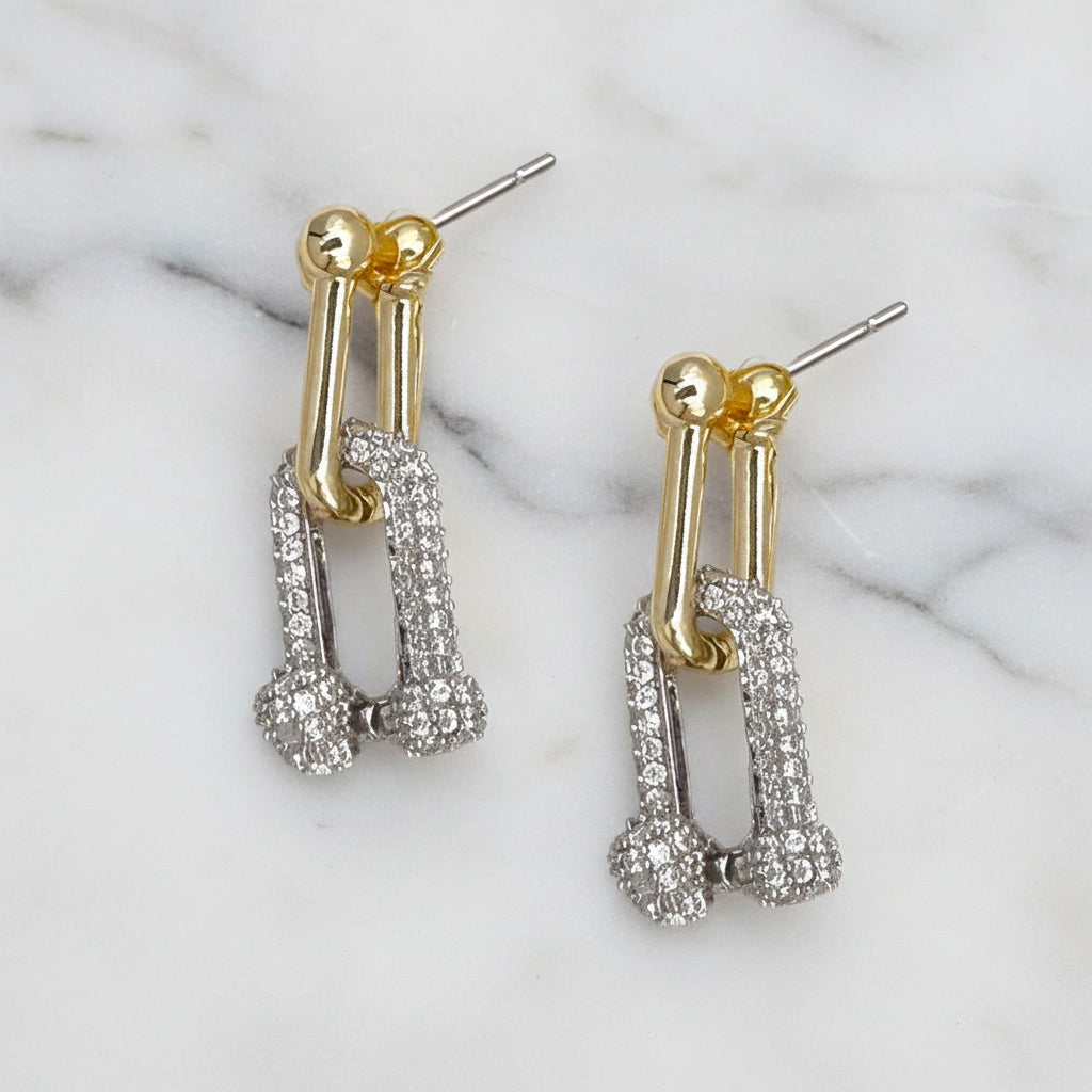 Lorena gold and pave link earring featuring a stylish chain design with sparkling pave accents.