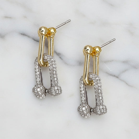 Lorena gold and pave link earring featuring a stylish chain design with sparkling pave accents.