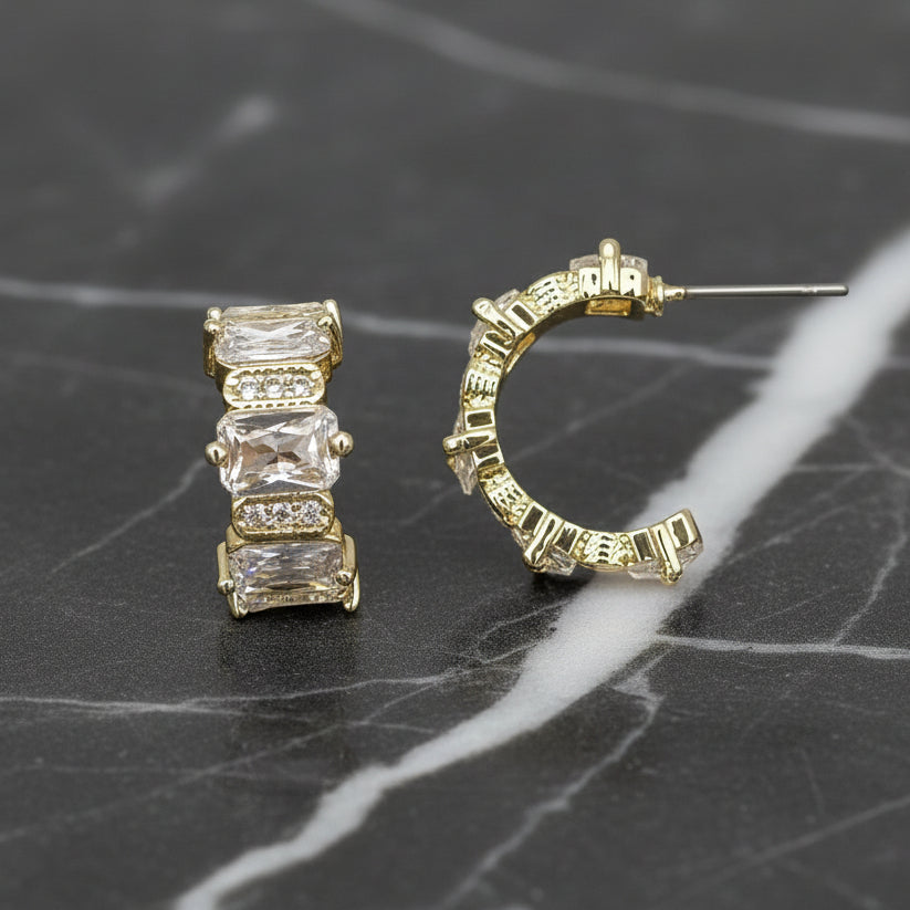 Gold Hoop Earring w/ Rectangle CZs