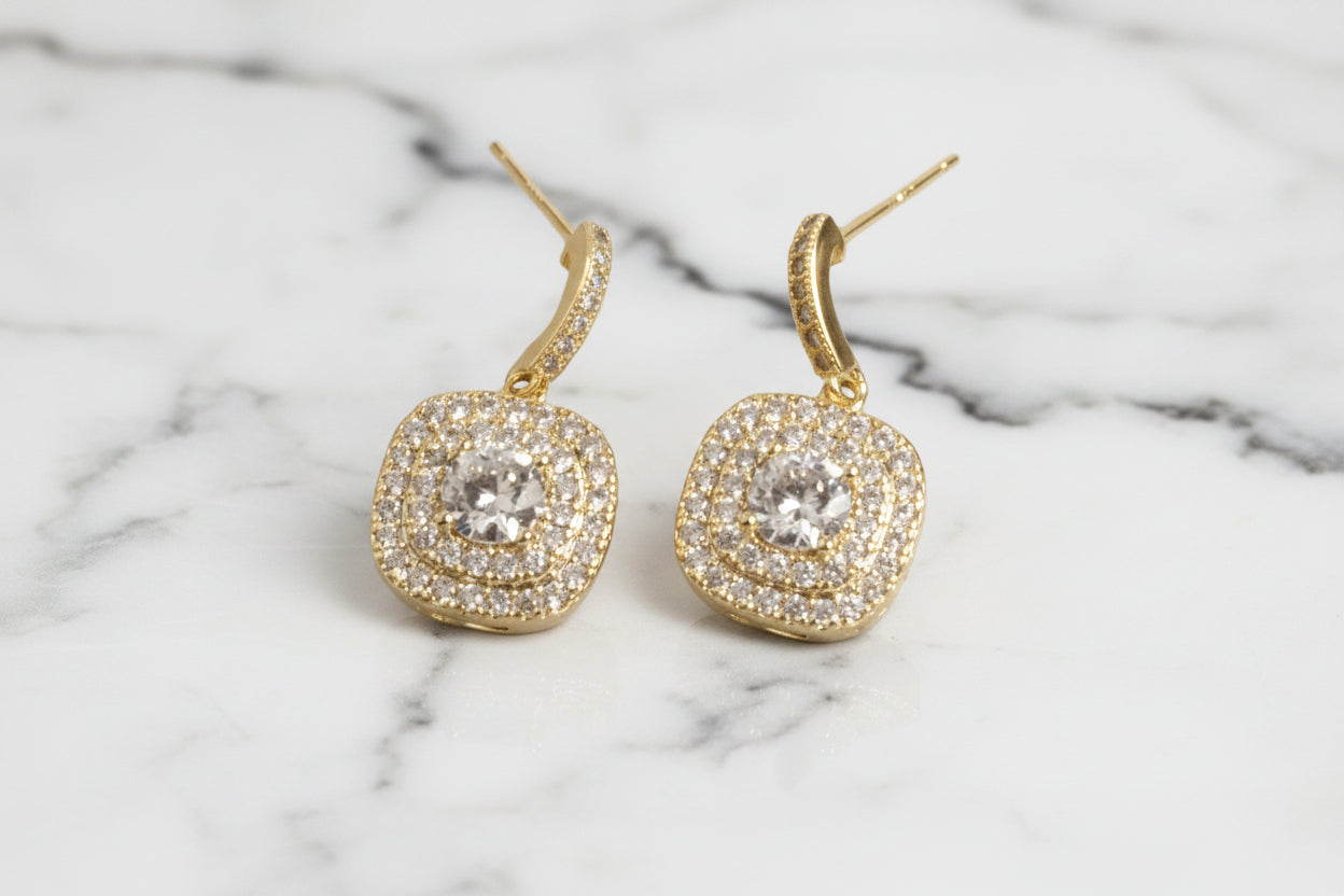 Gold Pave Square Dangle Earring
