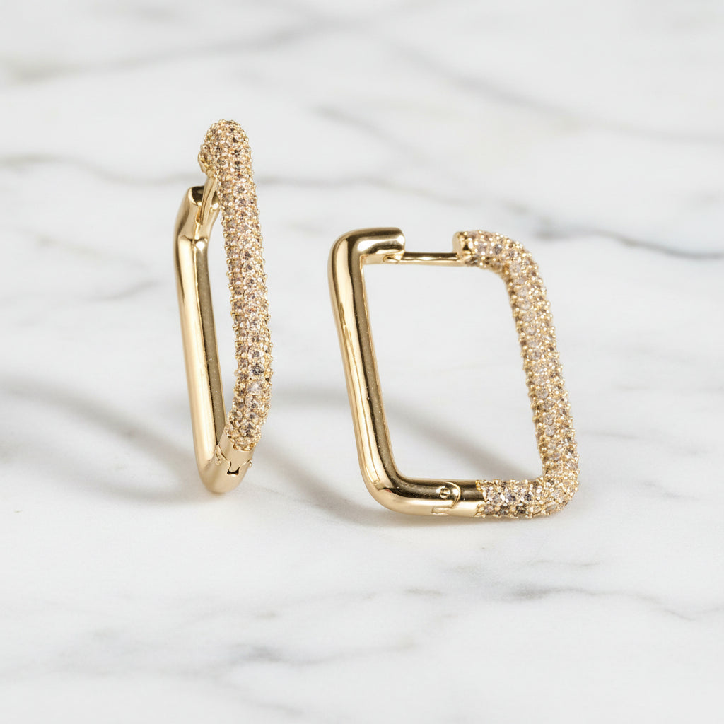 Gold Rectangle Hoop Earring w/ Pave