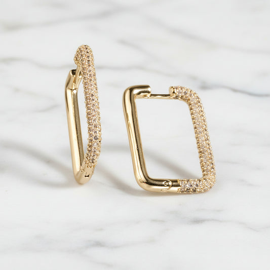 Gold Rectangle Hoop Earring w/ Pave