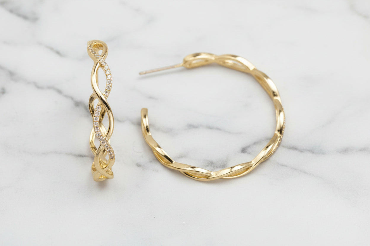 Gold Twisted Hoop Earring w/ CZs