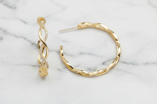 Gold Twisted Hoop Earring w/ CZs